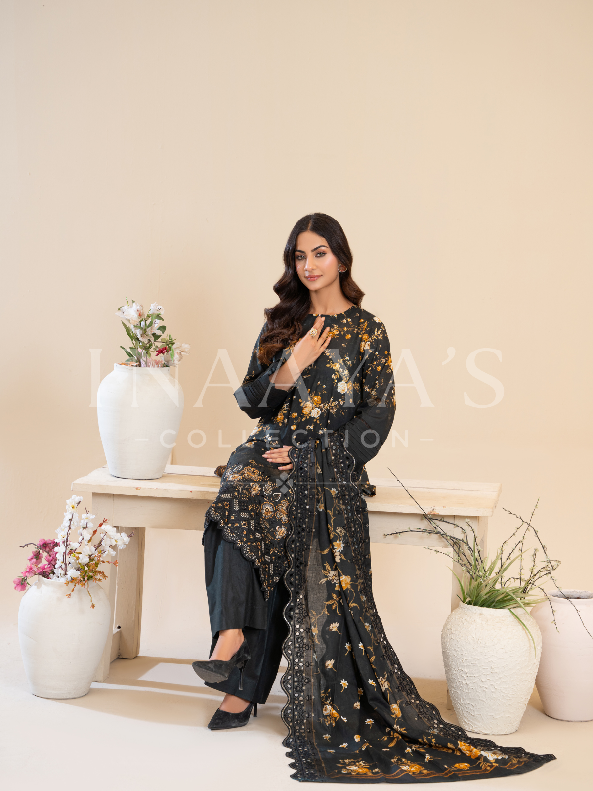 Maira – Midnight Blossom (3-peice) Stitched, Cutwork & Embroidered