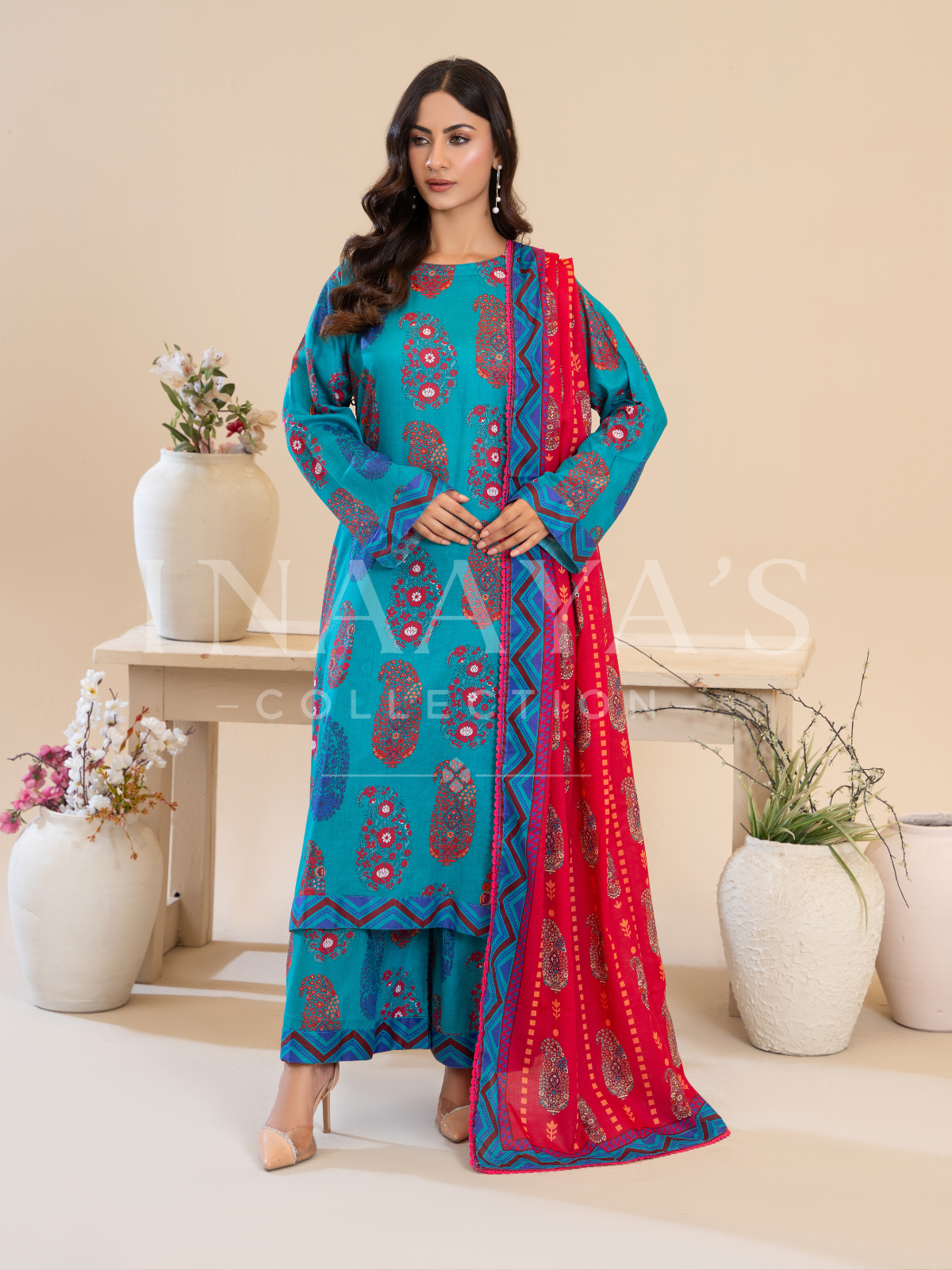 Sumbal - Turquoise Edition (3-peice ) Stitched with contrast Dupatta