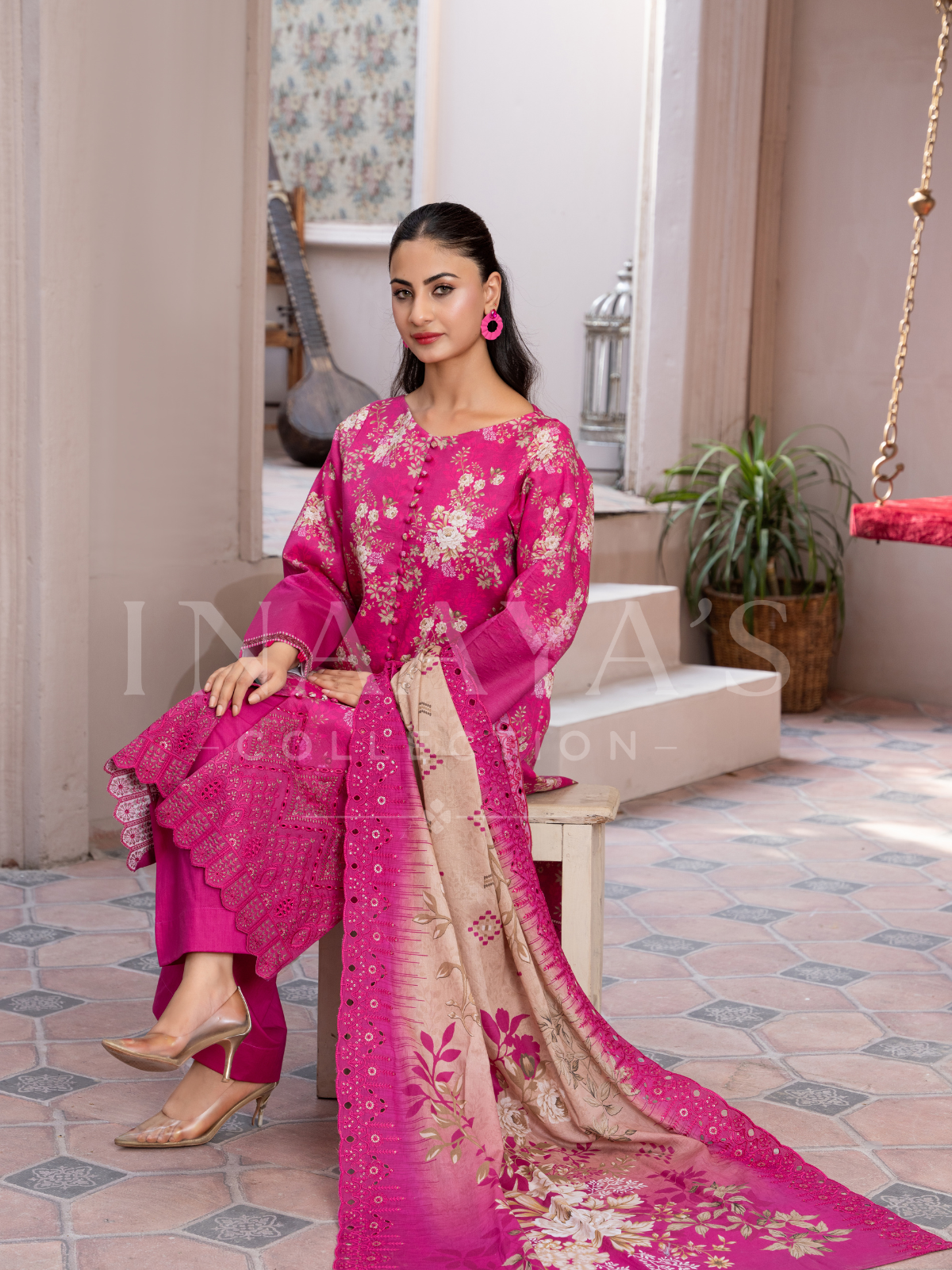 Amira – Rosy Bloom (3-peice) Stitched, Cutwork & Embroidered