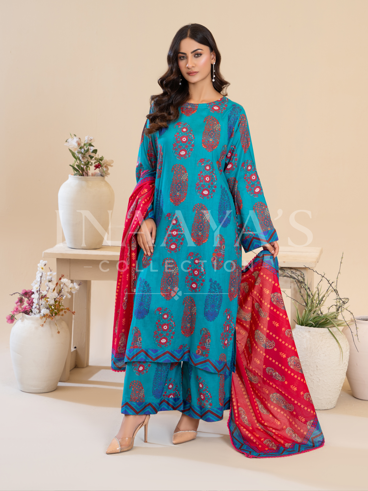 Sumbal - Turquoise Edition (3-peice ) Stitched with contrast Dupatta