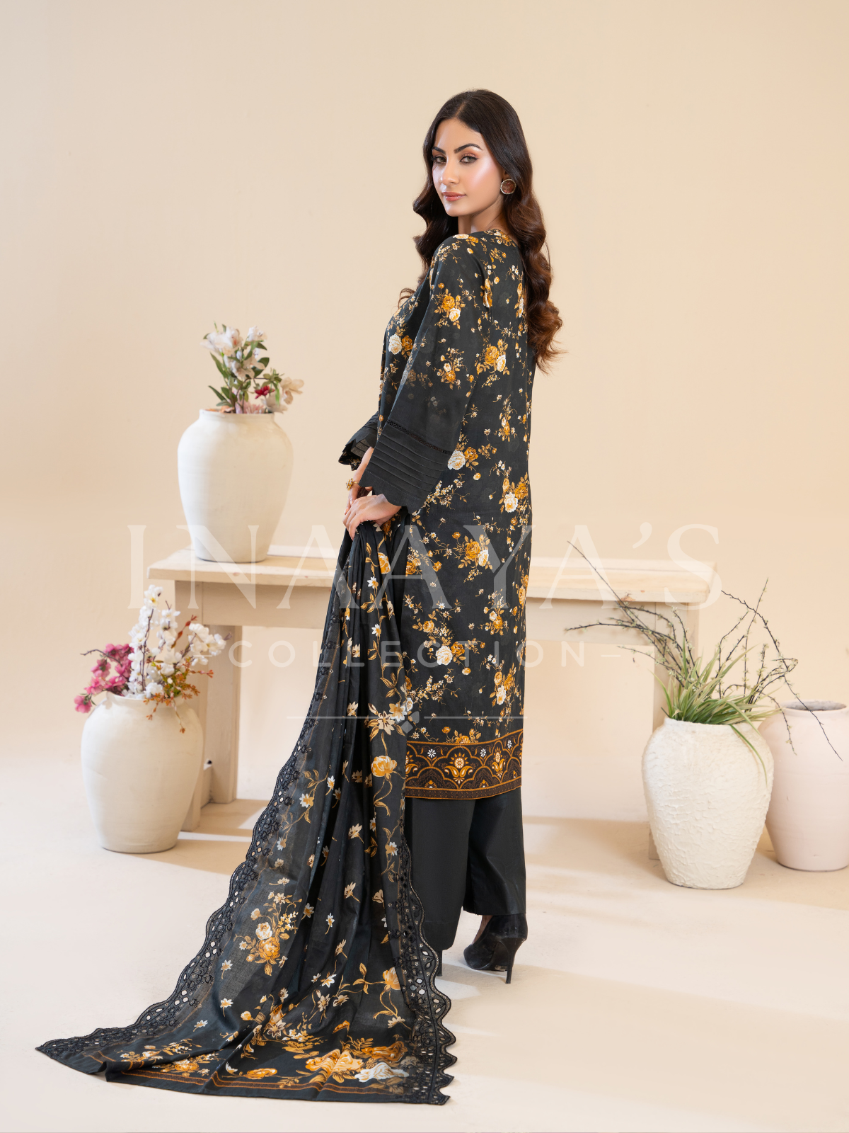 Maira – Midnight Blossom (3-peice) Stitched, Cutwork & Embroidered