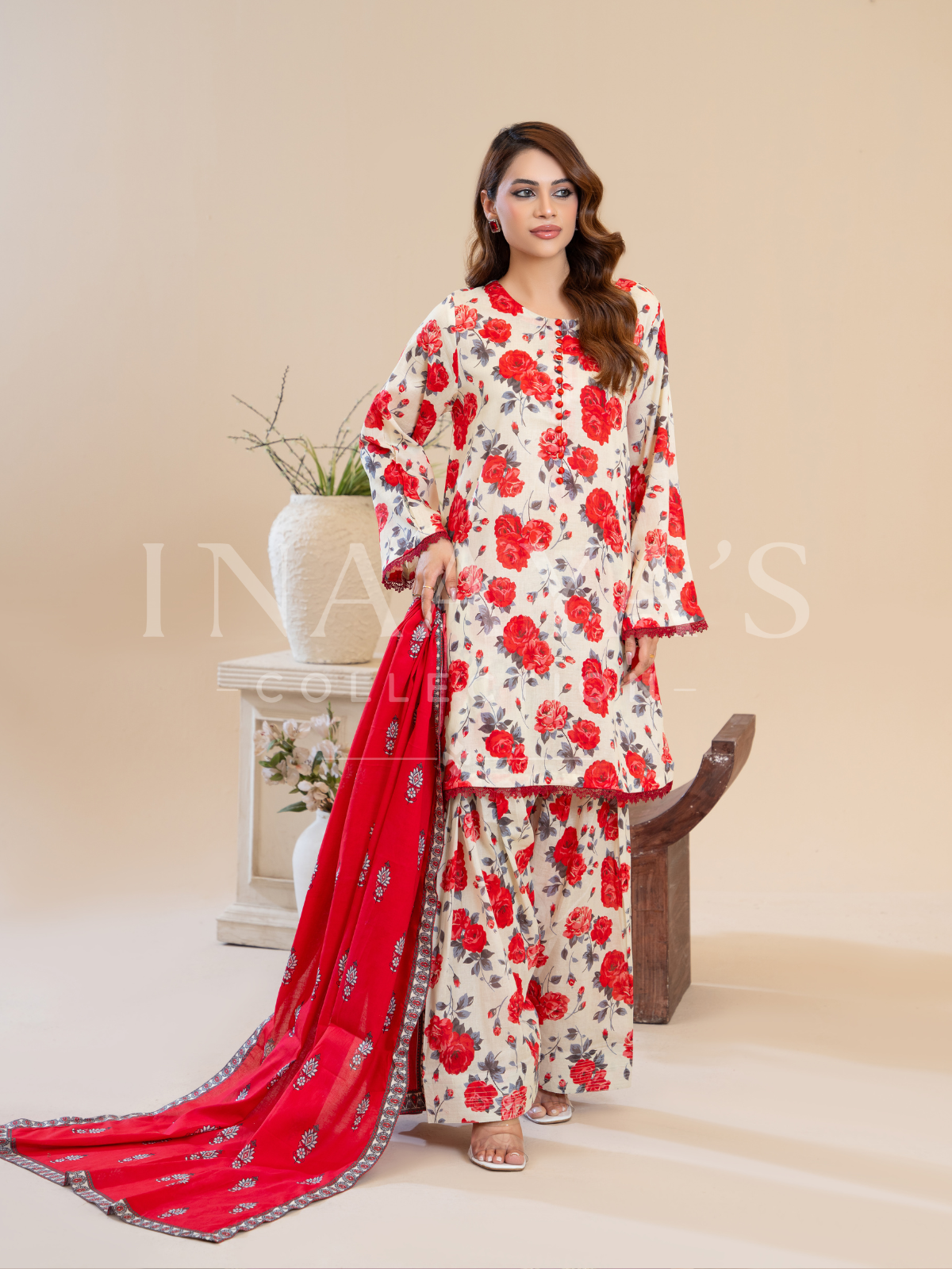 Arzoo - Rose Desire (3-peice ) Stitched With Contrast Dupatta