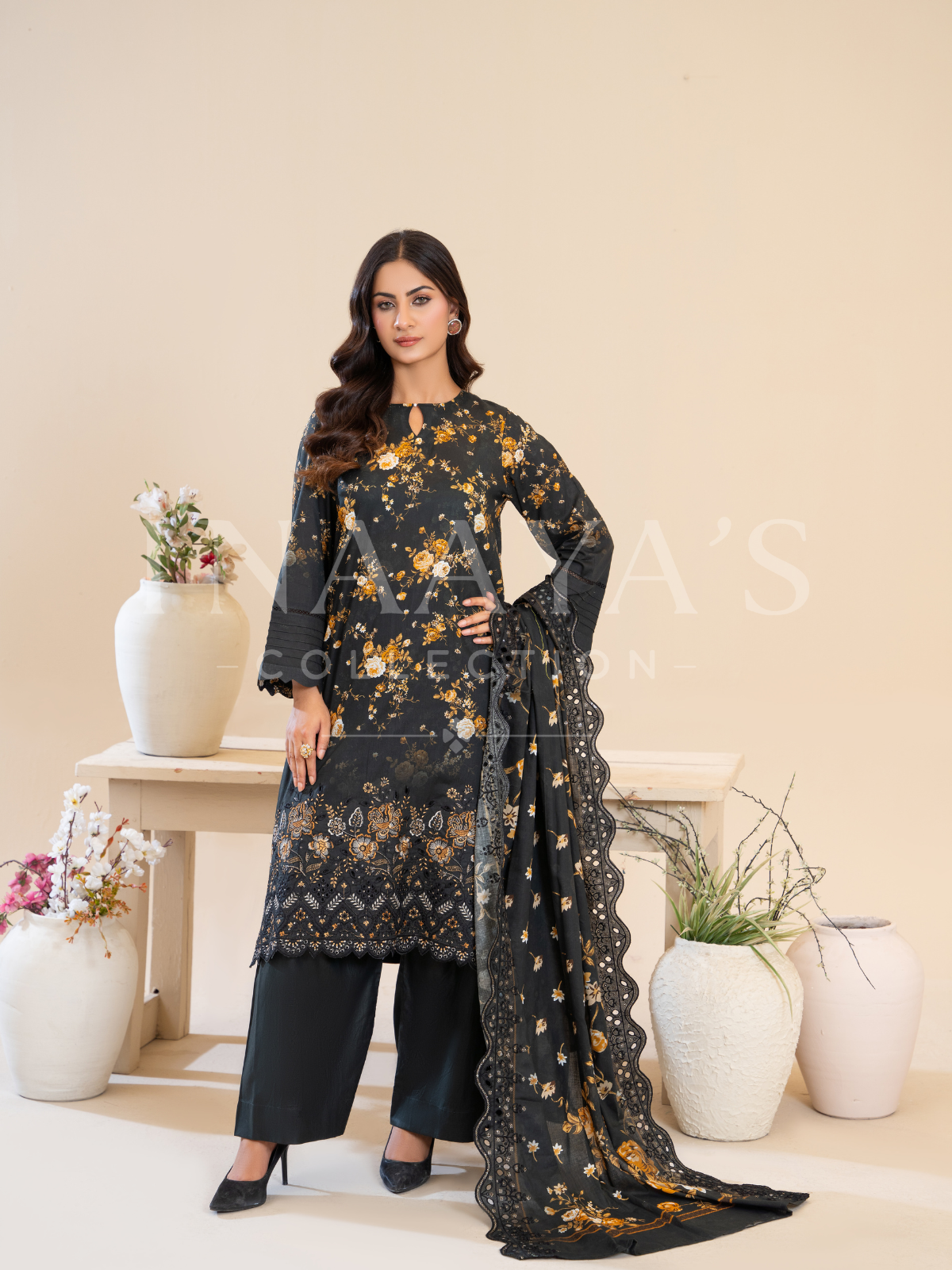 Maira – Midnight Blossom (3-peice) Stitched, Cutwork & Embroidered