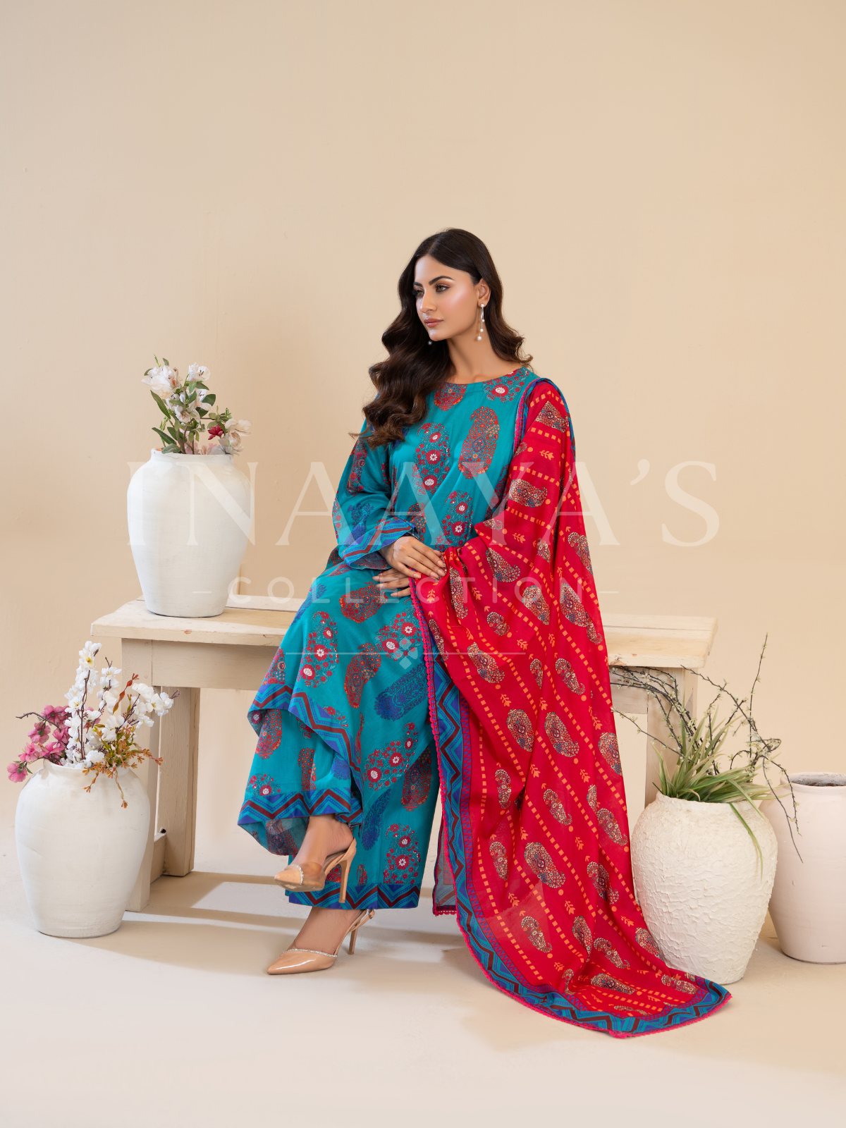 Sumbal - Turquoise Edition (3-peice ) Stitched with contrast Dupatta